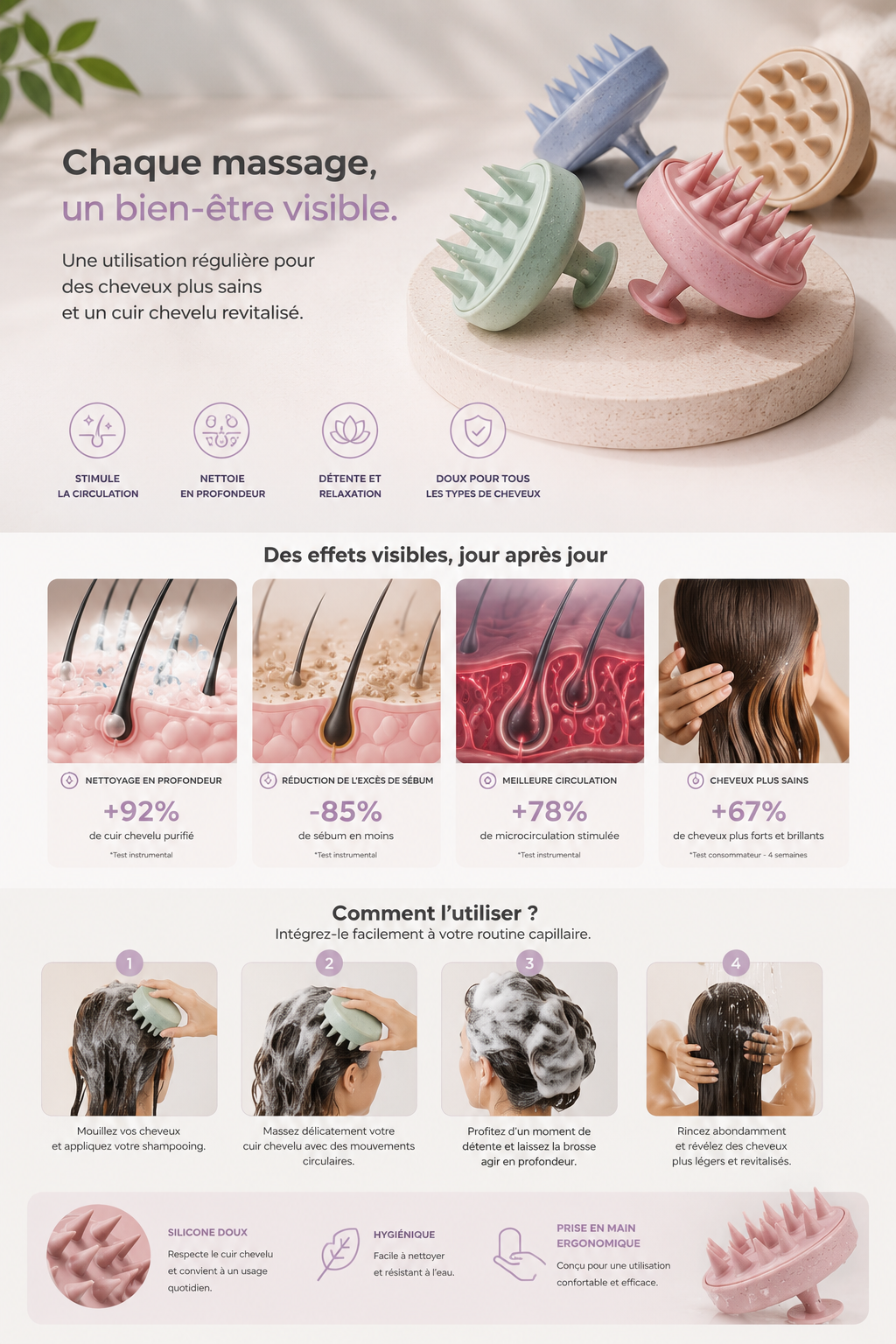 Brosse Massante Cuir Chevelu en Silicone PuraClear